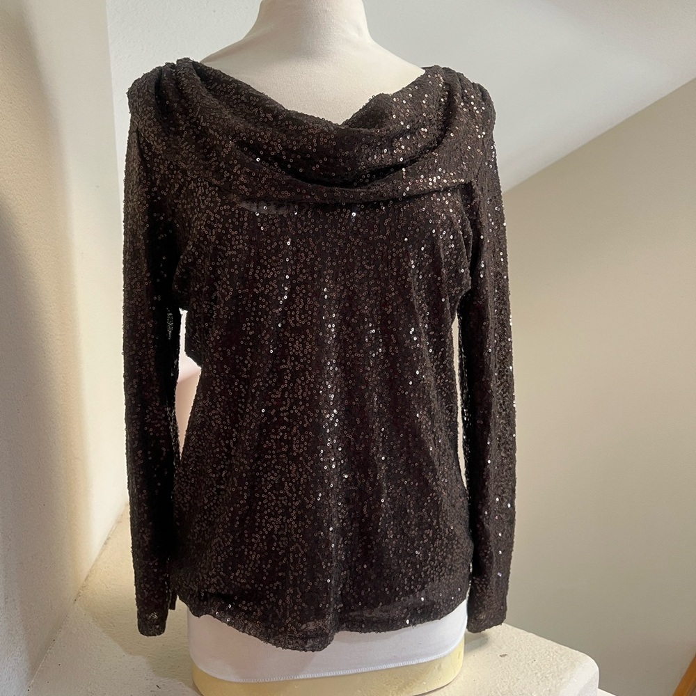 Lynn Ritchie Womens  Brown Sequince Long Sleeves  Cowl Neck Top Blouse‎ Large